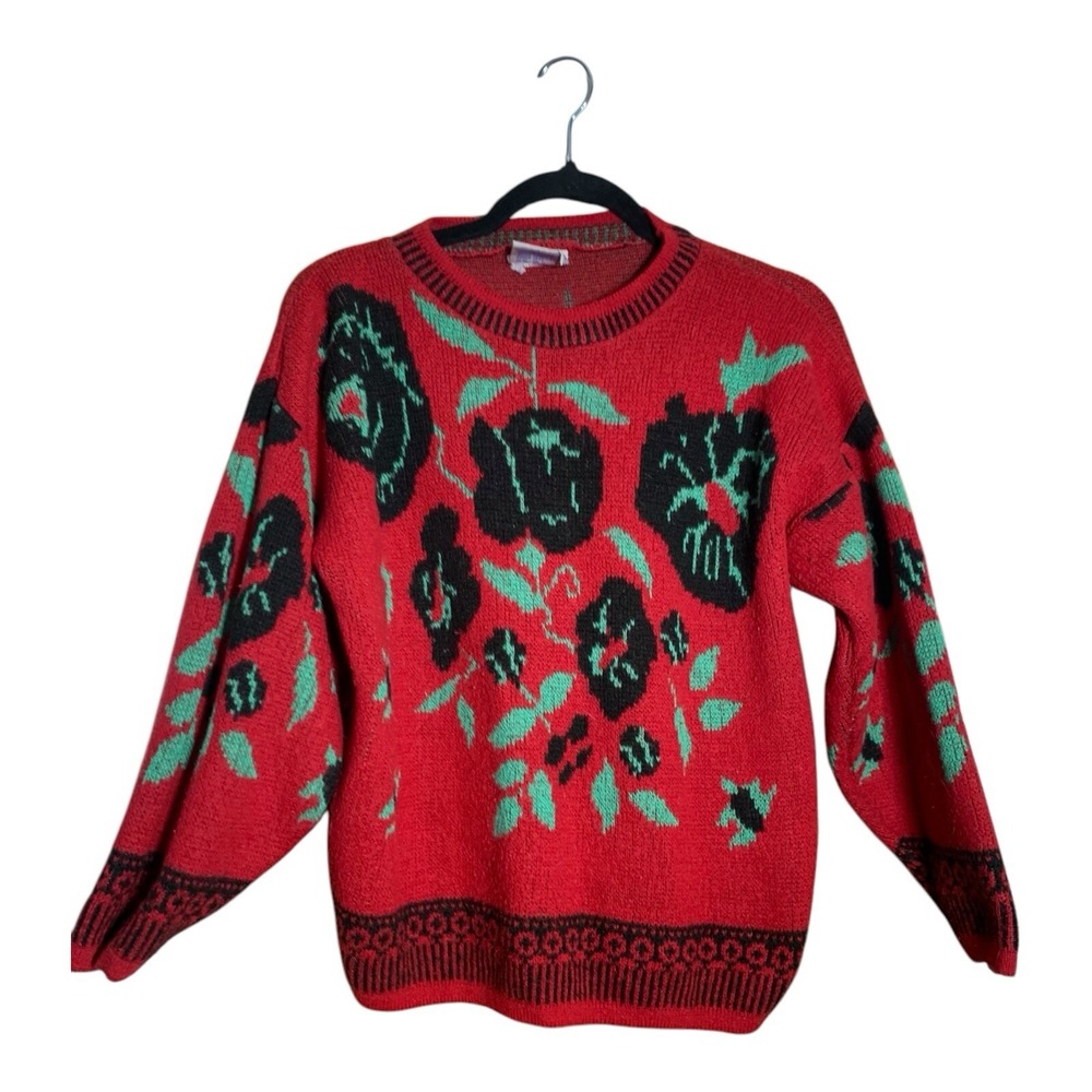 Vintage Midnight Blues Sweater Christmas Red Floral Size Medium